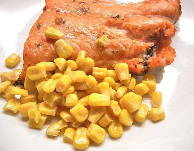 Canned corn garnished with fish